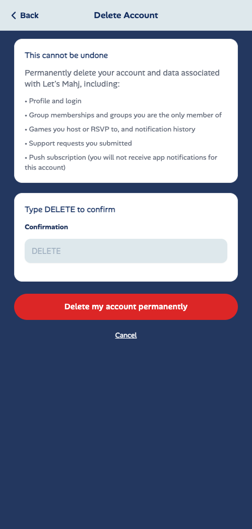 Delete Account confirmation screen with DELETE field and permanent delete button